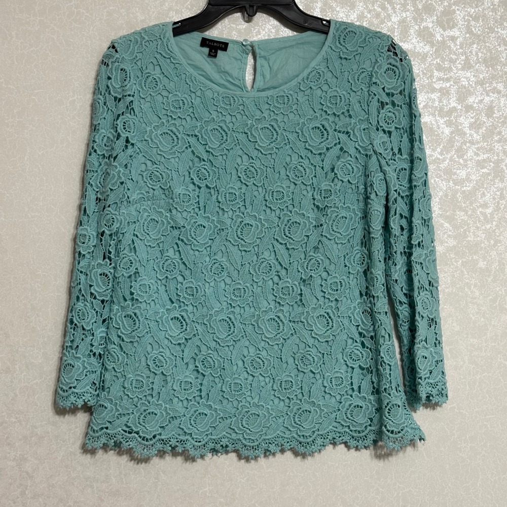 Talbots Aqua Green Lace Overlay Floral 3/4 Sleeve Top Blouse Shirt Sz 6